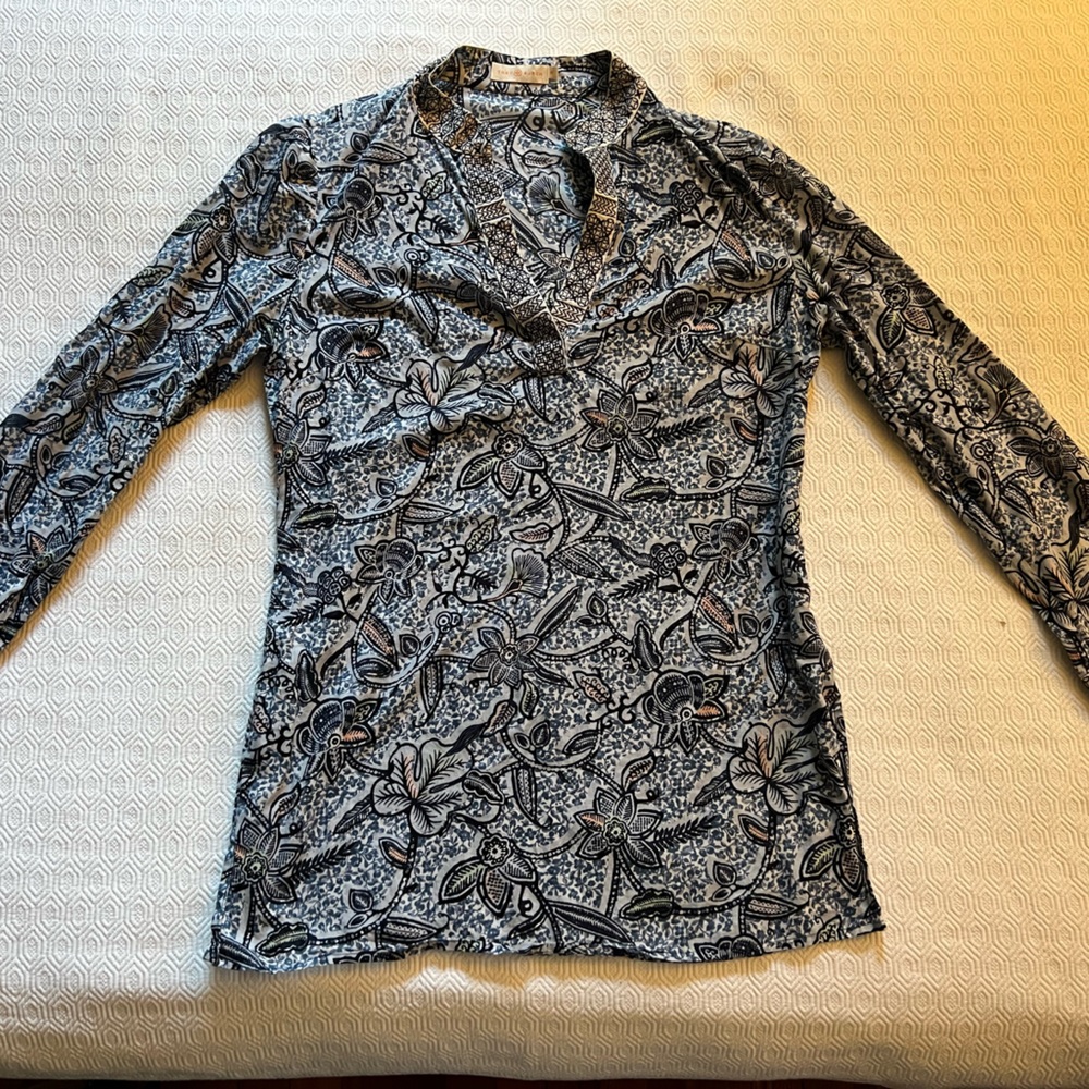 Tory Burch Navy and White Floral V-Neck Tunic Top